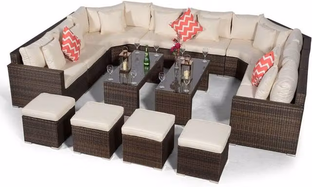 Giardino Santorini 8 Seat Rattan Sofa Set with 2 Large Coffee Tables and 4 Stools in Brown and Grey