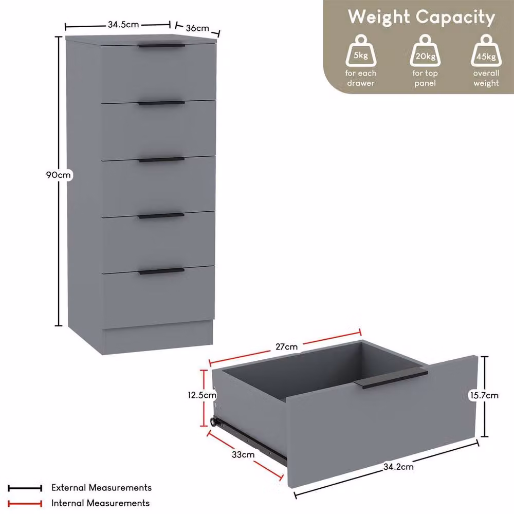 Kelvenix Modern Grey 5 Drawer Narrow Bedroom Chest – 2