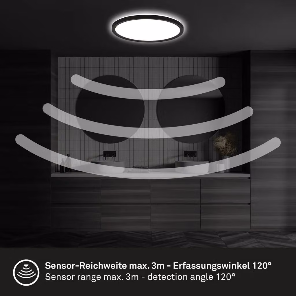 BRILONER LED Ceiling Lamp with Motion Detector, IP44, Black, W/D/H: 29 x 29 x 3 cm – 6