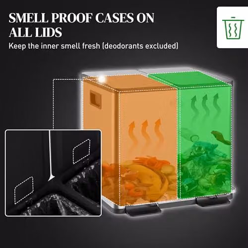 HOMCOM Dual Kitchen Pedal Bin with Soft Close Lids and Odour Filter, Stainless Steel, Silver Tone, W/D/H: 43.2 x 30.0 x 36.6 cm – 4