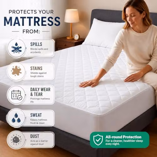 Pamposh Quilted King Size Microfibre Mattress Protector in White, W: 150 cm x L: 200 cm, Depth: 30 cm – 2