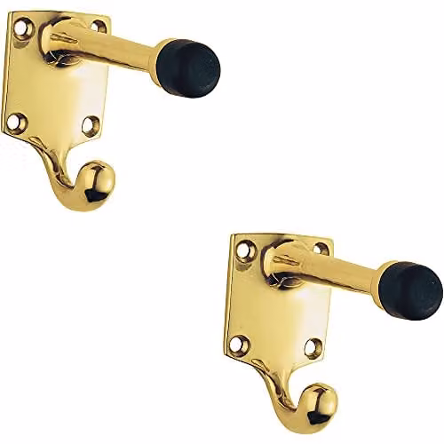 Loops 2 Pack Wall Mounted Hat and Coat Hooks with Rubber Buffer in Polished Brass, 88mm Projection