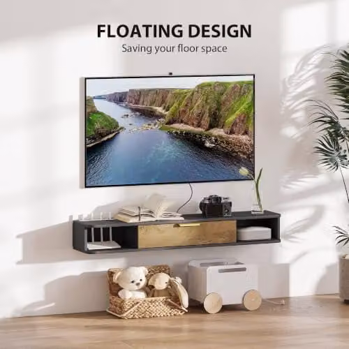 HOMCOM Modern Wall Mounted Floating TV Stand Cabinet in Grey and Black, W: 120 cm, D: 24 cm, H: 16 cm – 3