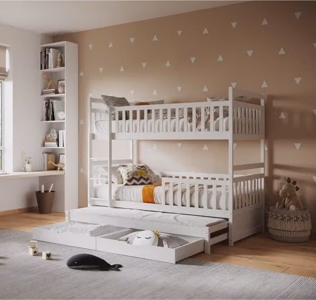 Flair Elvis White Solid Wood Bunk Bed with Trundle and Drawers, 90 x 200 cm
