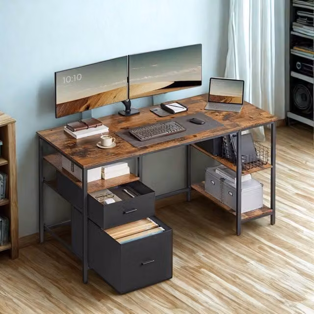 Pirlo Plush Industrial Computer Desk with Storage Shelves and Drawer, Oak Brown, W: 140 cm – 1