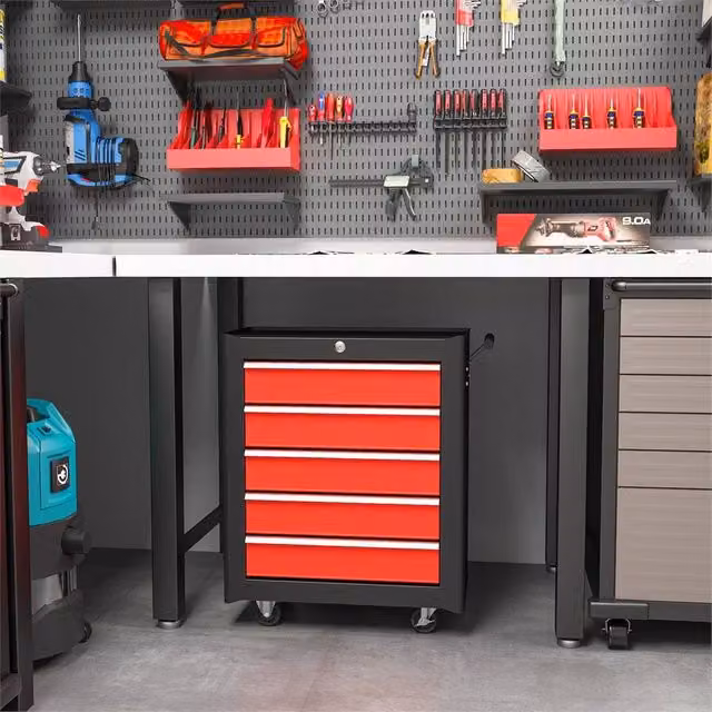 Kelvenix Red and Black Steel 5-Drawer Lockable Tool Storage Cabinet with Wheels, Width: 100 cm