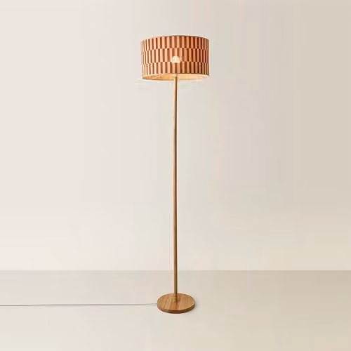 ValueLights Heather Wood Floor Lamp with Orange Checkerboard Bamboo Shade, H 180 x W 30 x D 30 cm