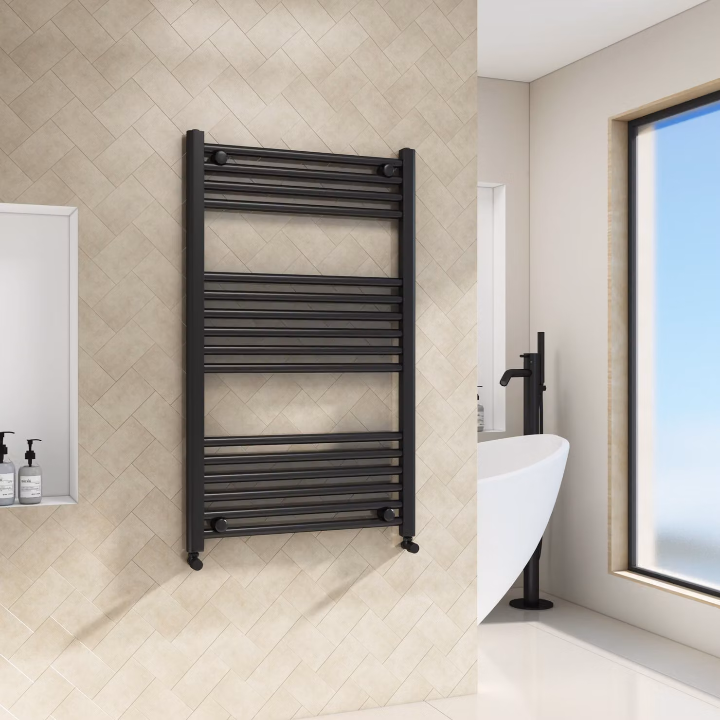 Royal Bathrooms Porto Heated Towel Rail Straight Ladder, Matt Black, W: 60 cm, H: 100 cm