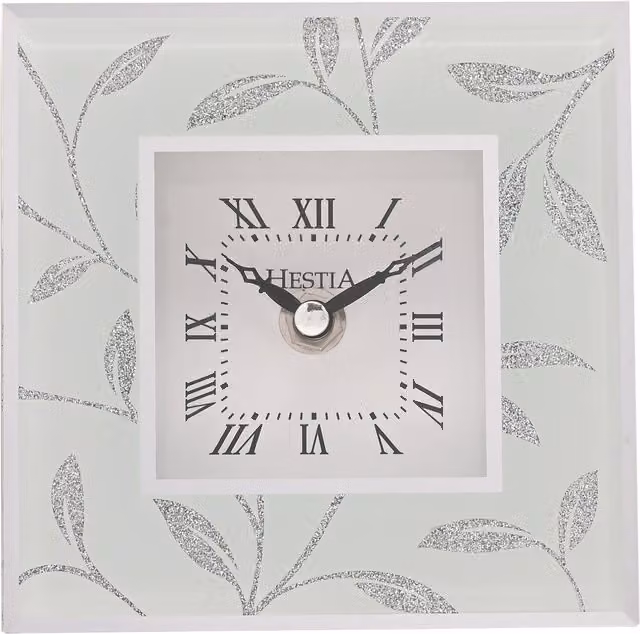 Hestia Silver Glitter Leaf Design Modern Analog Mantel Clock with White Glass Face