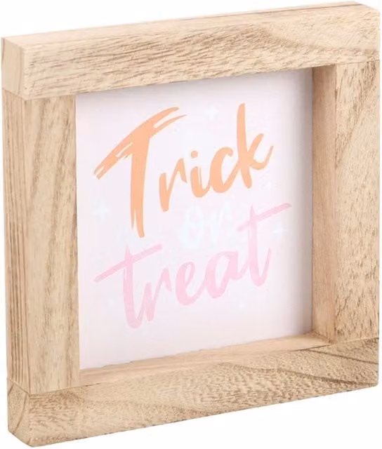 KDMK Vibrant Trick Or Treat Halloween Wooden Frame Sign in Pink, White and Orange