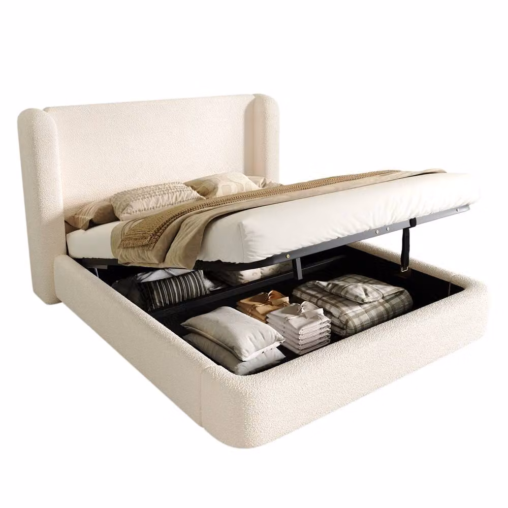 ModernLuxe White Bouclé Upholstered Ottoman Bed Frame with Wingback Headboard, W/D/H: 200 x 200 x 220 cm – 3