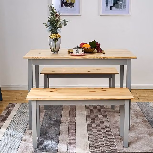 Kelvenix Modern Rectangular Solid Wood Dining Table with Bench and Chairs Set in Grey