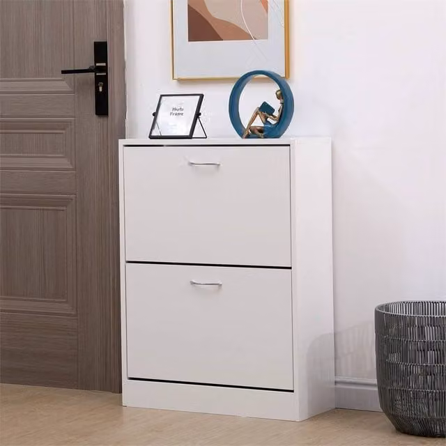 Nordara White Wooden 2 Drawer Shoe Cabinet with Tilting Compartments – 1