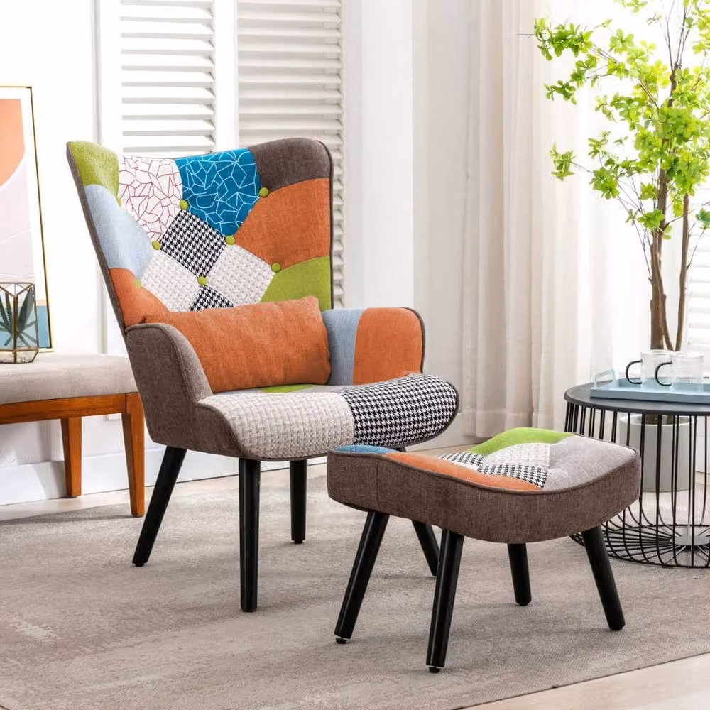HomeMiYN Orange and Multicolour Abstract Patchwork Mid-Century Single-Seater Sofa with Matching Ottoman and Armrests – 2
