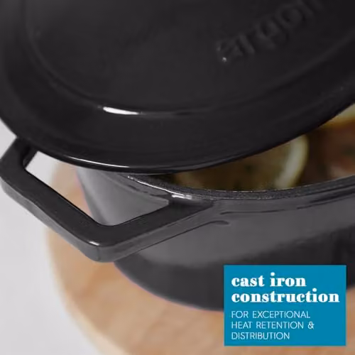 Argon Tableware Oval Enamelled Cast Iron Casserole Dish with Self-Basting Lid, Black, 4.68L – 3