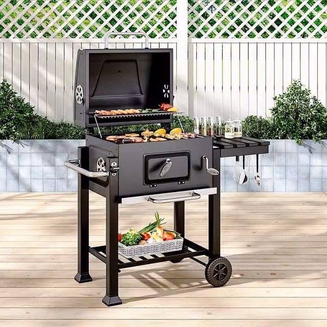 Kidkid Black Charcoal BBQ Grill with Stainless Steel Cart and Wheels