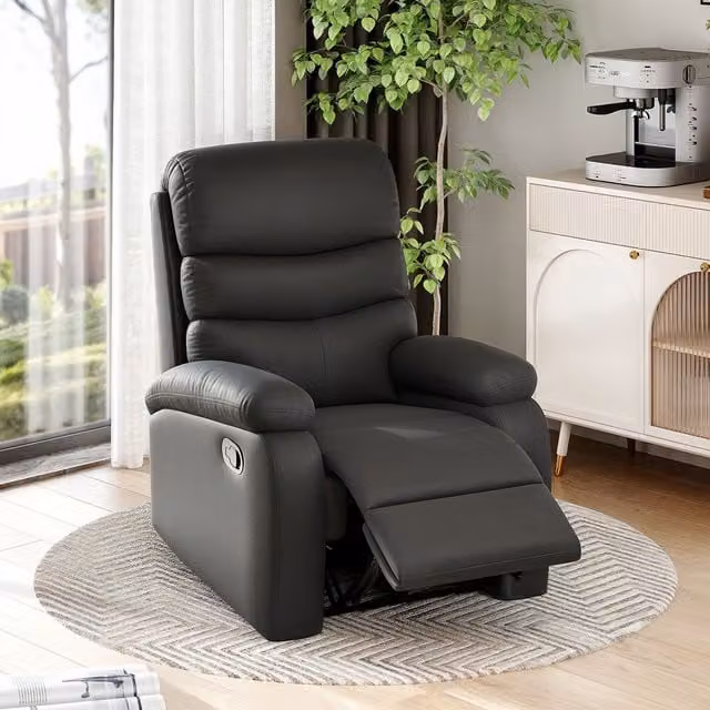 HOMCOM Black PU Leather Manual Reclining Chair with Padded Armrests and Retractable Footrest – 1