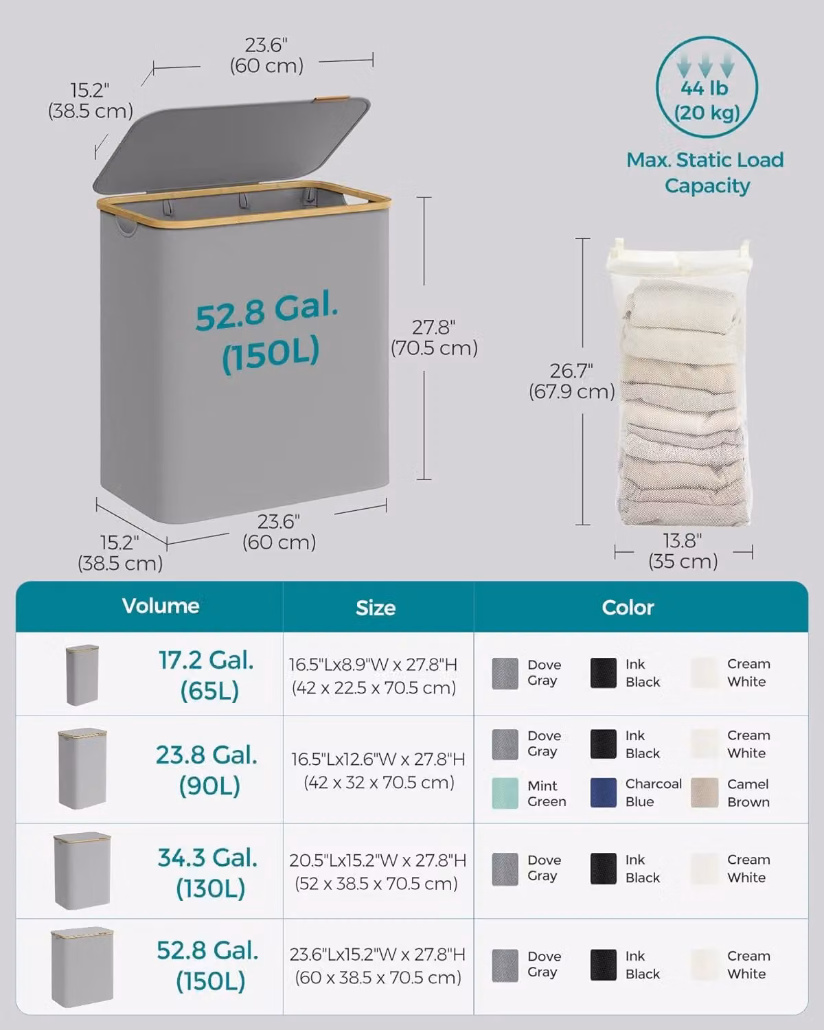 SONGMICS Extra Large 3-Section Collapsible Laundry Hamper with Bamboo Handles, Grey – 2