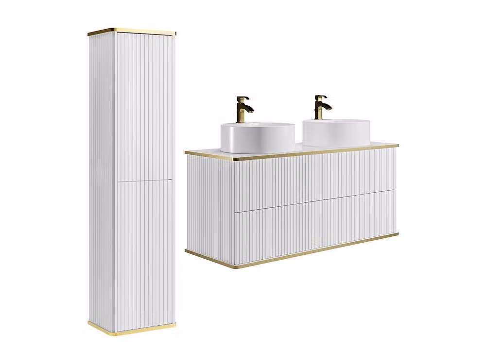 Vente-unique Striped Wall Mounted Bathroom Vanity Unit and Tall Cabinet in White and Gold, W/D/H: 120 x 47 x 54 cm – 2