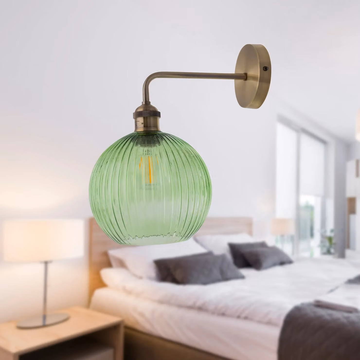 First Choice Lighting Isaac Antique Brass Wall Light with Green Glass Shade in Bronze – 3