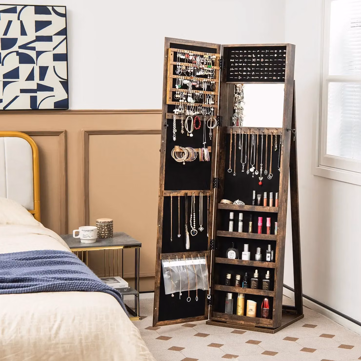 Costway 3-in-1 Brown Rustic Jewelry Armoire with Full-Length Mirror and Lockable Storage Organizer – 3