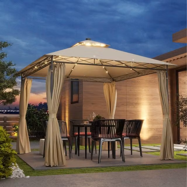 Outsunny Double Roof Garden Gazebo with Curtains, Beige, W: 300 cm, D: 300 cm, H: 300 cm