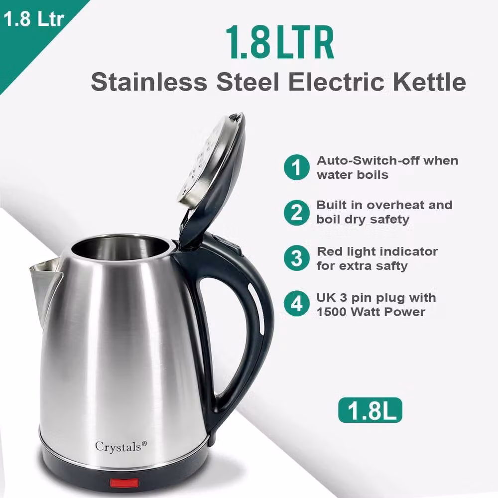 Crystals 1.8L Stainless Steel Electric Kettle with 360 Degree Base and Red LED Light, 1500W, Metallic Silver, Diameter: 24 cm – 4