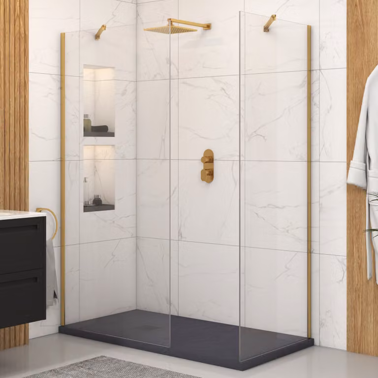 Royal Bathrooms Marbella Walk In Shower Enclosure with Grey Stone Mineral Cast Tray and 8mm Easy Clean Glass, Brushed Brass
