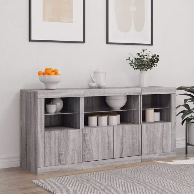 Berkfield Home Modern Grey Sonoma Sideboard with Integrated LED Lights, W: 142.5 cm, D: 37 cm, H: 67 cm – 1