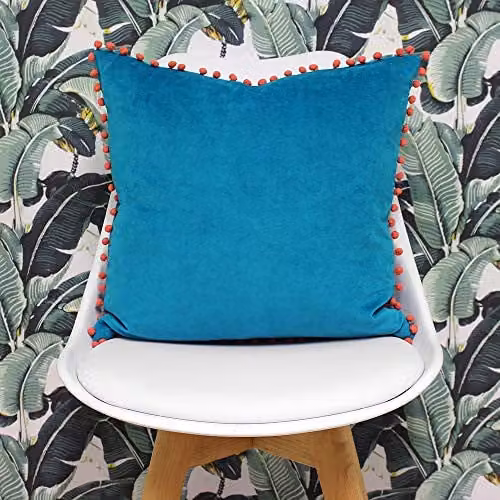 Riva Home Blue Faux Velvet Cushion with Coral Orange Pompom Edges and Polyester Filling, W/D/H: 45 x 45 x 45 cm – 2