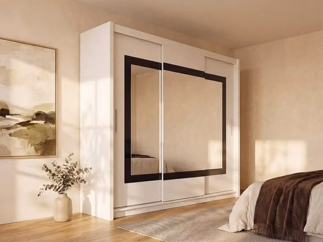AUTLAN White Modern Wardrobe with 3 Sliding Doors and Mirror, W: 250 cm, H: 215 cm, D: 61 cm – 1