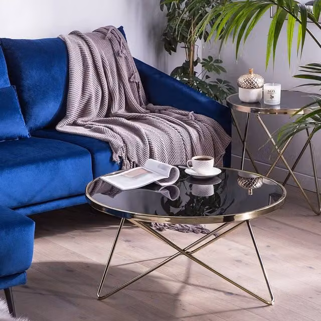 Wyld and Coco Round Coffee Table with Black Glass Top and Gold Legs, Diameter: 80 cm, Height: 40 cm