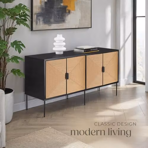 tectake Juna Sideboard with 4 Doors and 2 Media Compartments in Black and Brown Multicolour – 2