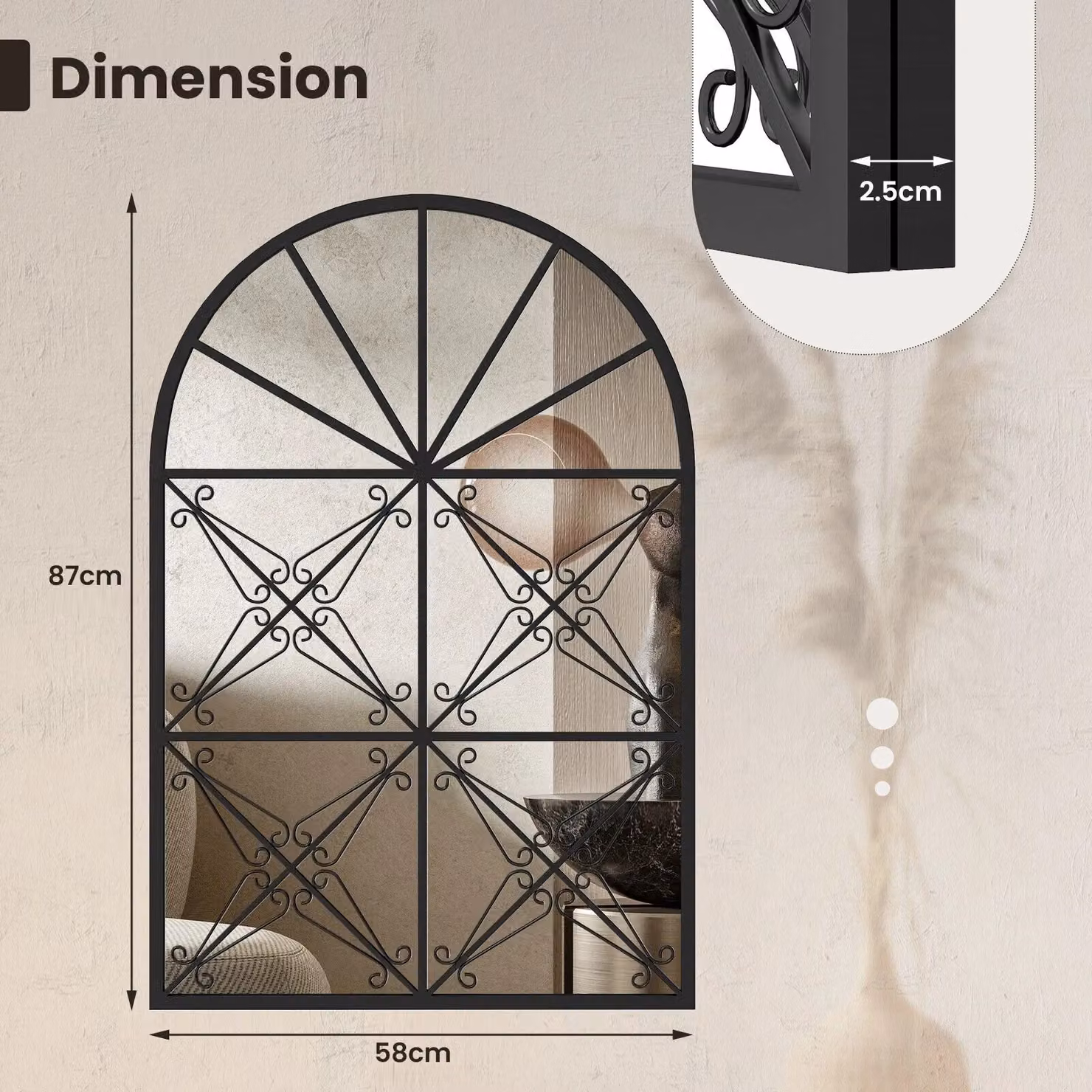 Costway Arched Window Pane Decorative Wall Mounted Mirror with Black Metal Frame – 2