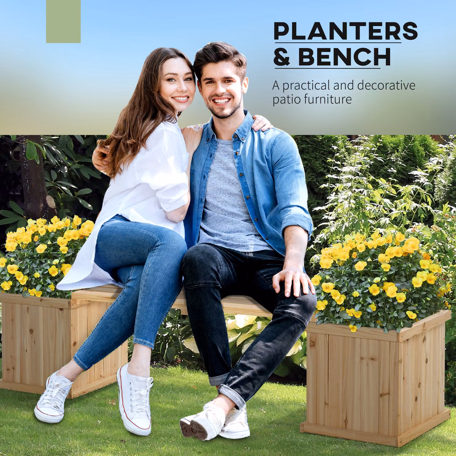 Outsunny Dual-Purpose Wooden Raised Garden Bed with Bench, Brown, W: 176 cm, D: 38 cm, H: 40 cm – 3