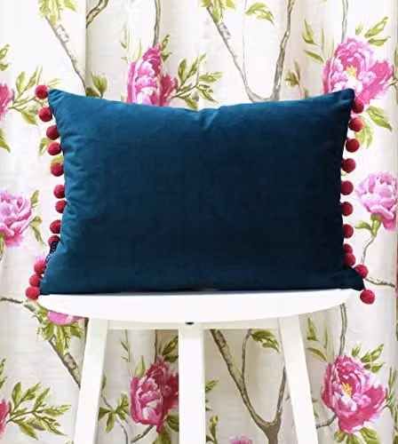 Riva Paoletti Fiesta Rectangular Filled Cushion in Blue and Pink with Pompom Edges, Faux Velvet Polyester Fabric, W: 50 cm, H: 35 cm – 2