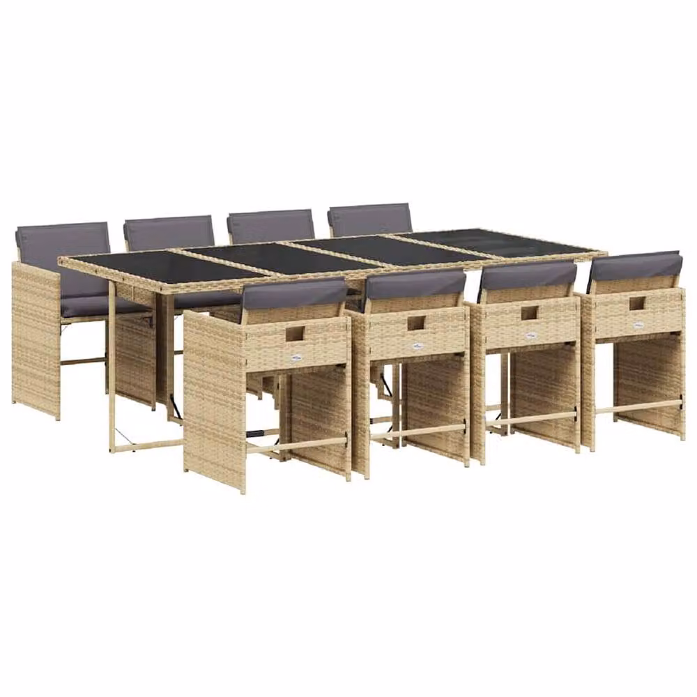 Berkfield Home 9 Piece Garden Dining Set in Beige PE Rattan with Glass Top – 2