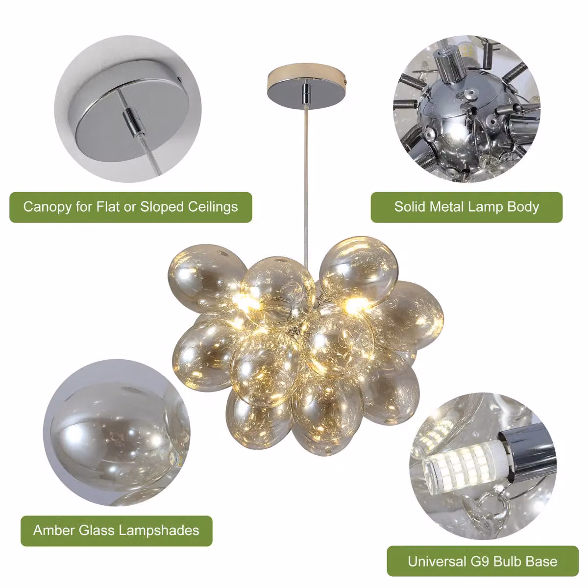 Garwarm Modern 3 Light Dimmable Glass Globe Chandelier in Yellow and Transparent with Chrome Finish, H 120 x W 38 x D 38 cm – 4