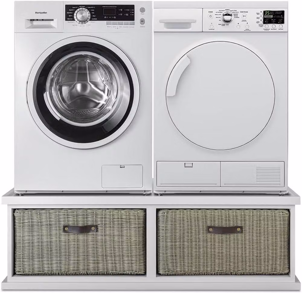 Statement Furniture Tetbury Double Washing Machine Pedestal and Dryer Stand with Rattan Baskets in White, H: 41 cm – 4