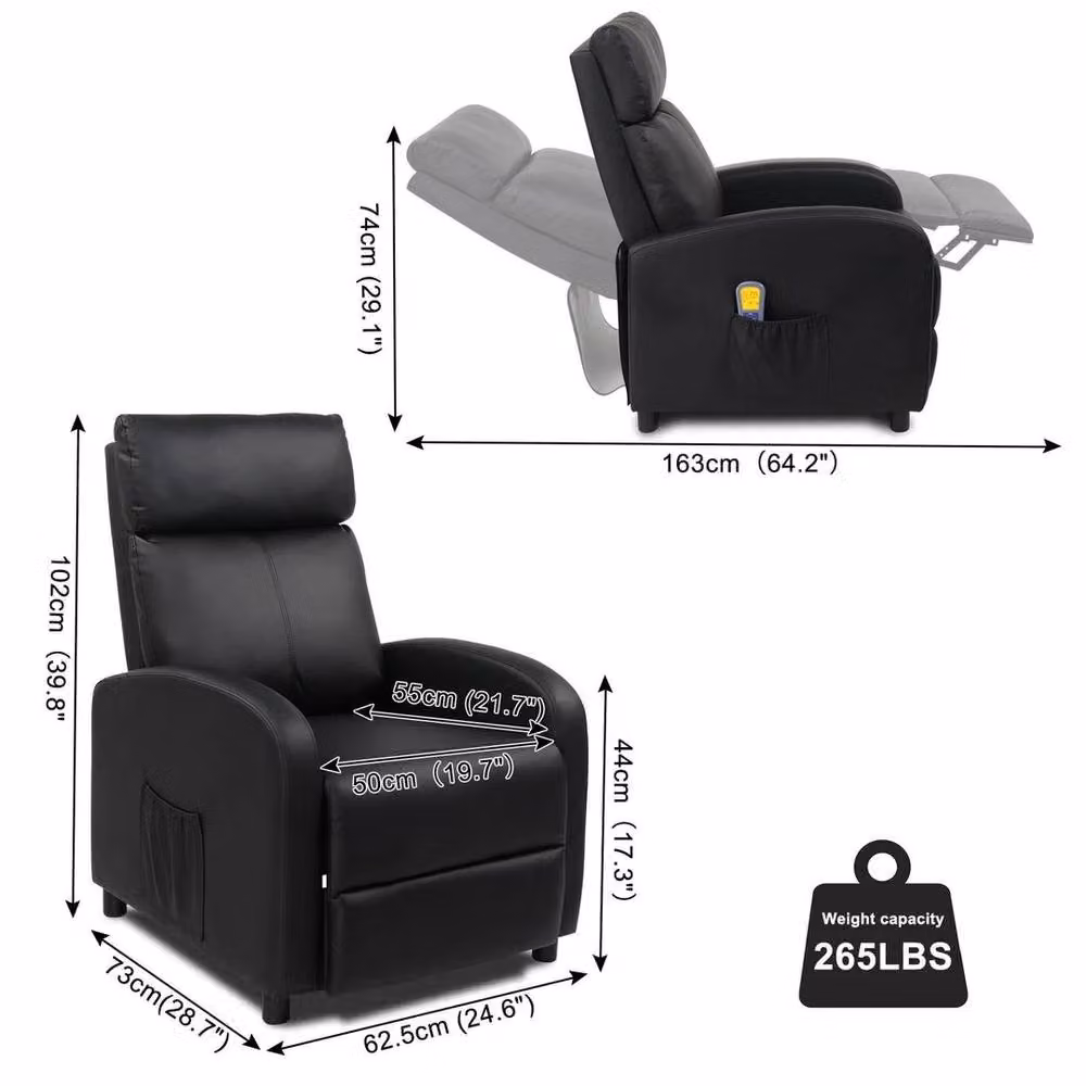 KORVIXA Black PU Leather Recliner Massage Chair Sofa with Armrests – 2