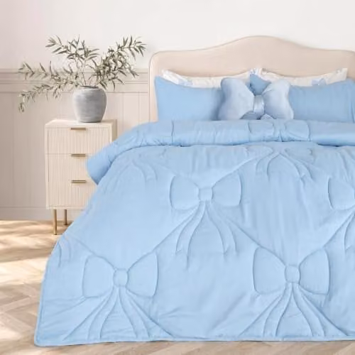 OHS Blue Double Coverless Duvet and Pillowcase Set, 7.5 Tog Microfibre Lattice Bow Quilted Bedding, W/D/H: 200 x 200 cm