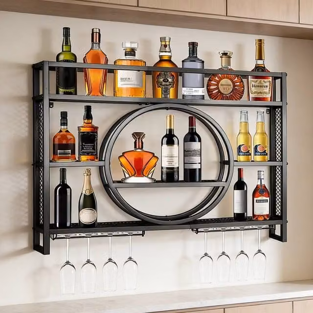 Ventryn Industrial Wall Mounted Metal Wine Rack Cabinet in Matt Black