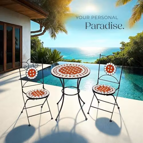 tectake Mosaic Garden Bistro Set in Brown and Multicolour with Metal and Stone Geometric Design – 5