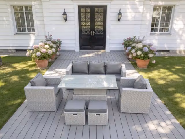 Fimous Rattan Garden Furniture Set in Light Grey with Adjustable Lifting Table, 2 Armchairs and Stool – 1