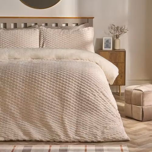 OHS Reversible Waffle Fleece Duvet Cover and Pillowcase Set, Beige, 200 x 200 cm