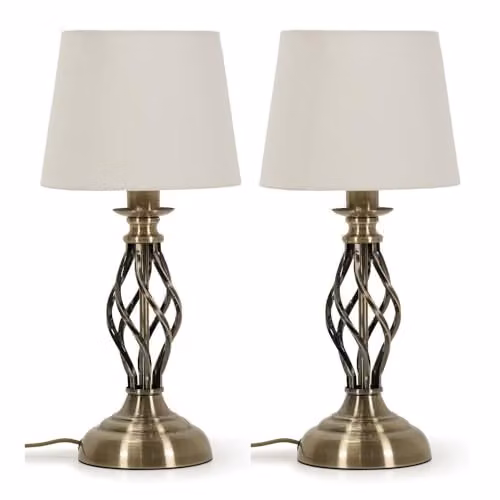 ValueLights Pair of Antique Brass Table Lamps with White Fabric Shades and LED Bulbs in Gold/Brass – 1