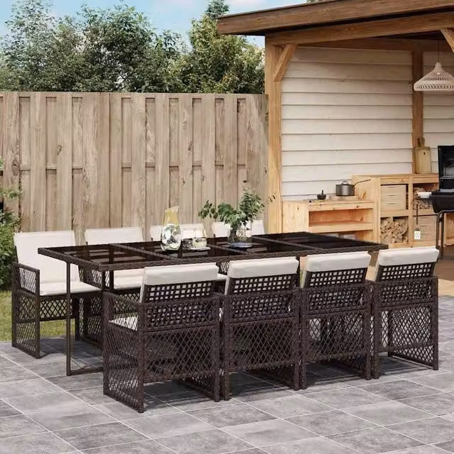Berkfield Home 9 Piece Brown Poly Rattan Garden Dining Set with Cushions and Glass Tabletop – 1