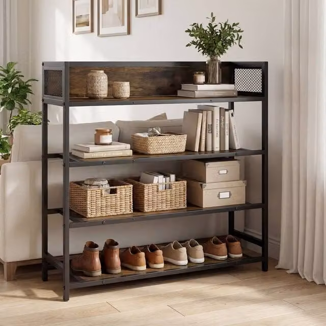 Gymax Industrial 4-Tier Metal Shoe Rack Organizer in Brown and Black
