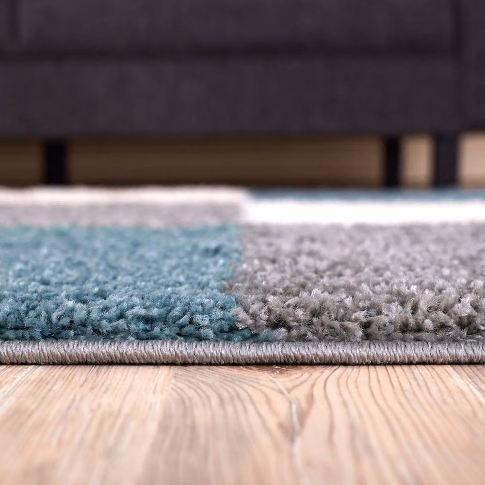THE RUGS Modern Checked Shaggy Area Rug in Blue and Grey, W/D/H: 120 x 120 x 3 cm – 5