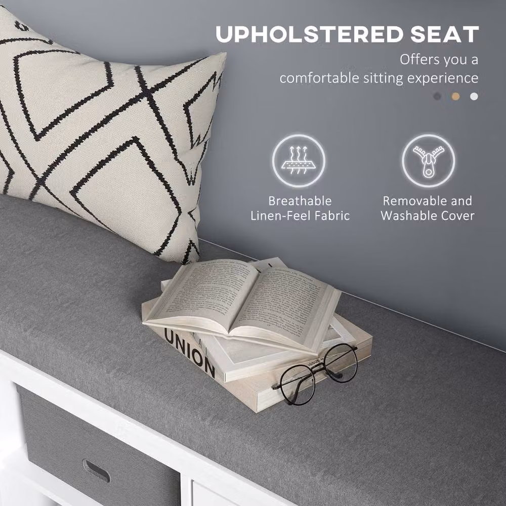 HOMCOM White Shoe Bench with Cushioned Fabric Seat and Adjustable Shelf for Hallways – 2